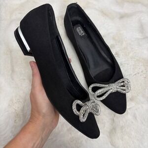 Jones New York Signature Black Faux Suede Rhinestone Bow Pointed Toe Flats Sz 7
